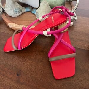 CARRANO STRAPPY PINK RED BEIGE BLOCK WOODEN HEEL SANDALS SIZE 6 AS NEW